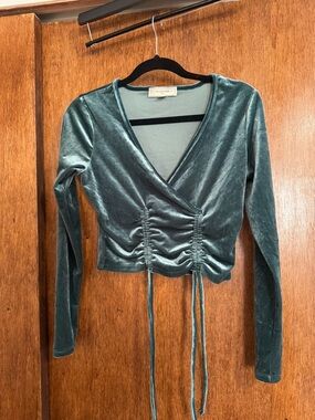 Velvet Ruched Wrap Crop Top in Teal